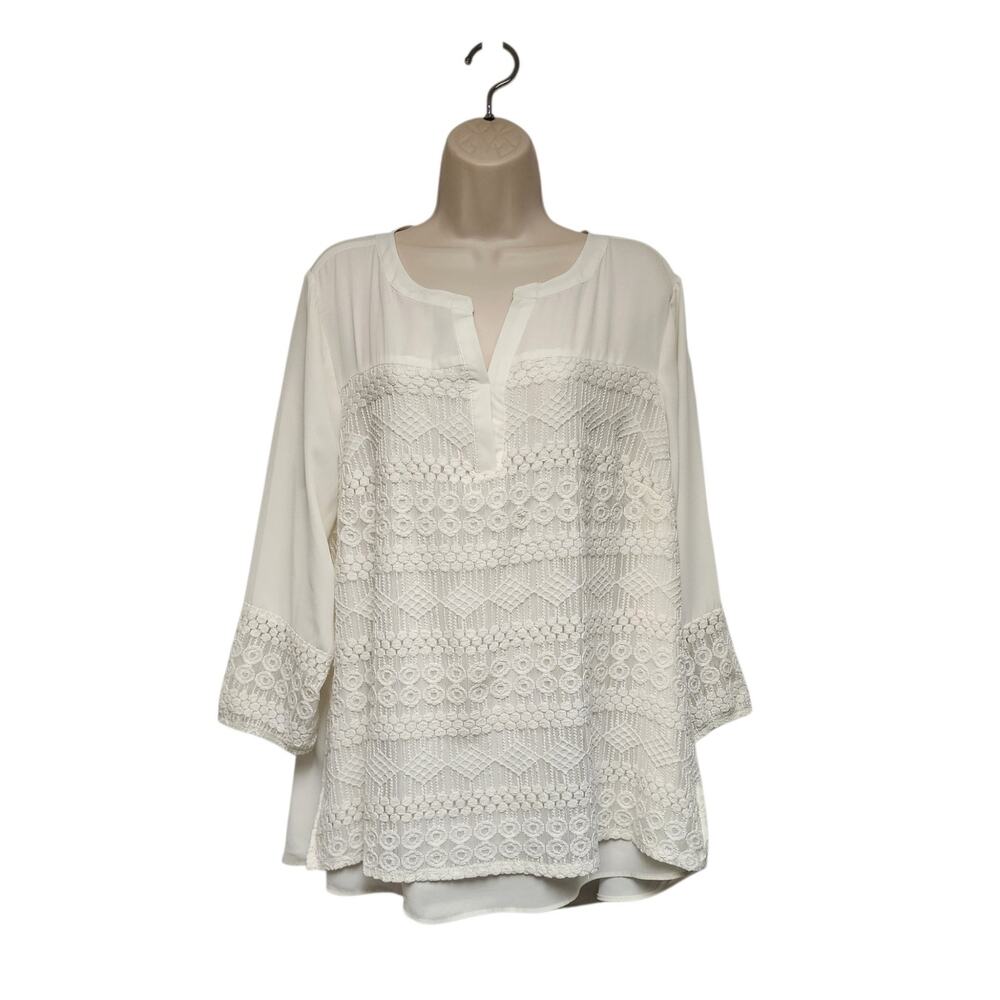 New Directions Chiffon/Lace Ivory Knotted V-Neck 3/4 Sleeves Blouse Size 2X